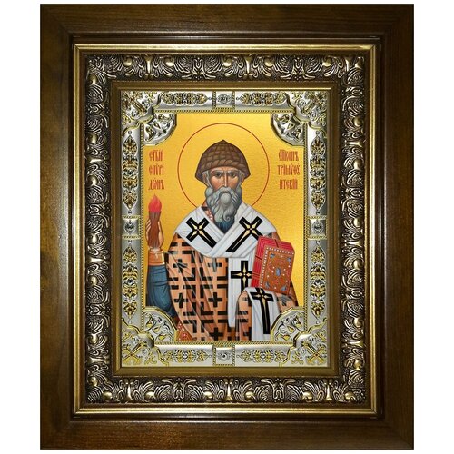 Икона Спиридон Тримифунтский святитель, 18х24 см, в окладе и киоте