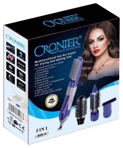 Фен брашинг расческа для волос Cronier CR-800-4 5 в 1 для укладки, сушки и выпрямления волос, синий