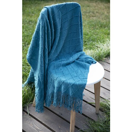 Декоративное плед покрывало в скандинавском стиле, вязаный однотонный плед на кресло диван и кровать, DAO HOME, 170х130 см - Синий изумруд