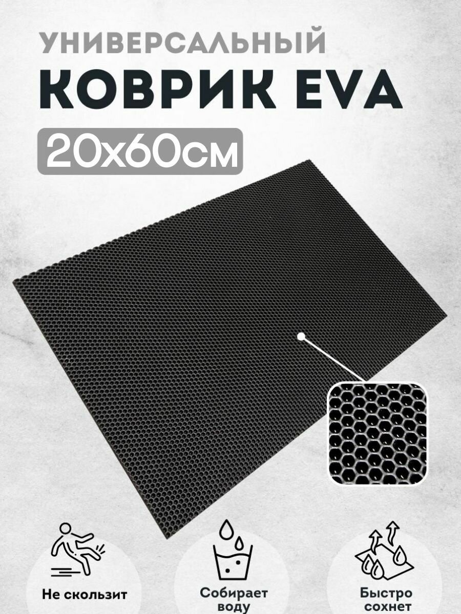 фото Коврик для сушки посуды ева на кухню 20х60см черный соты