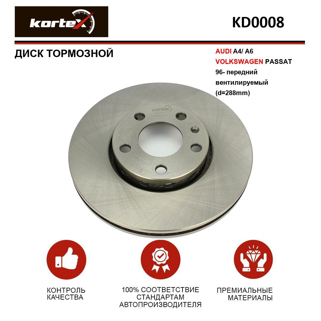 Тормозной диск Kortex для Audi A4 / A6 / Volkswagen Passat 96- перед. вент.(d-288mm) OEM 4A0615301D, 8E0615301Q, 92057600, 92057603, 92057605, DF265