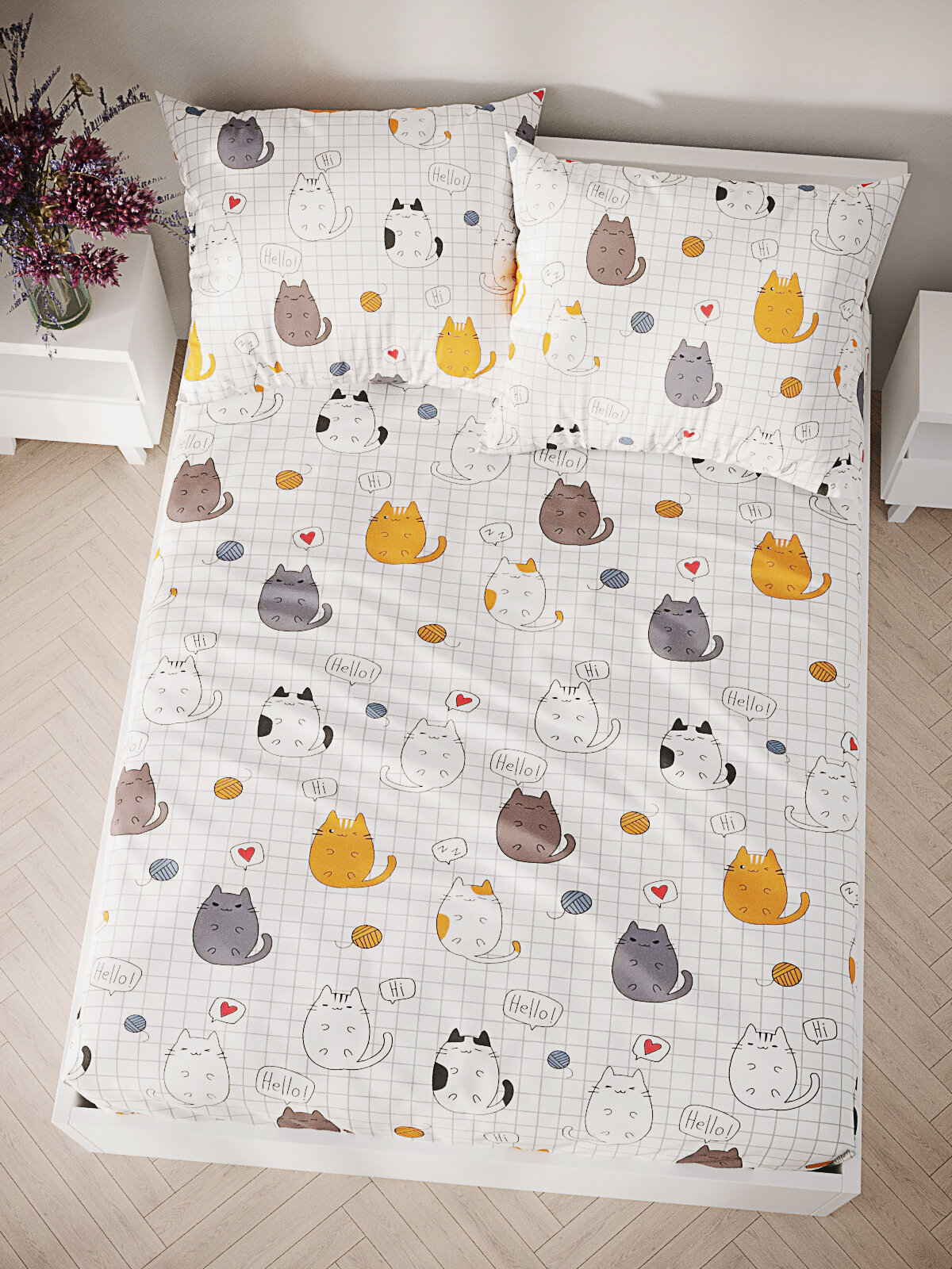 Постельное белье Simple House "Hello, cat!" 1,5-сп наволочка 50х70 1шт Простынь на резинке 90х200 см Пододеяльник 145х215 см — фото 1