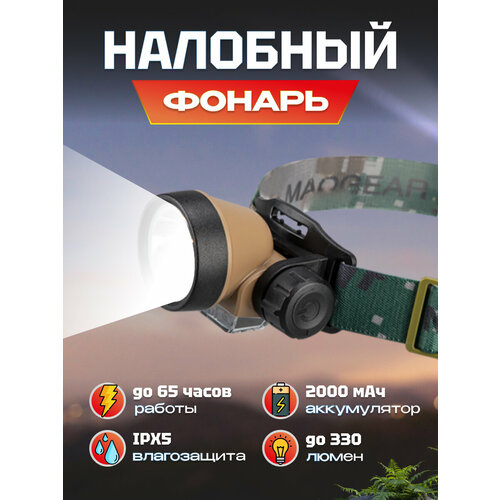 Фонарик портативный налобный Sunree Poseidon S1 Outdoor Headlamp 330 лм на голову, с сенсором, 2000мАч, IPX5, 6500K, до 65 часов работы без подзарядки (Poseidon S1) коричневый