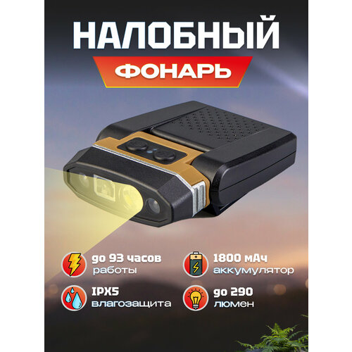 Фонарик портативный Sunree H300 Sensor Hat Light 290 лм на голову, с сенсором, 1800мАч, IPX5, 6500K, до 93 часов работы без подзарядки (H300) коричневый