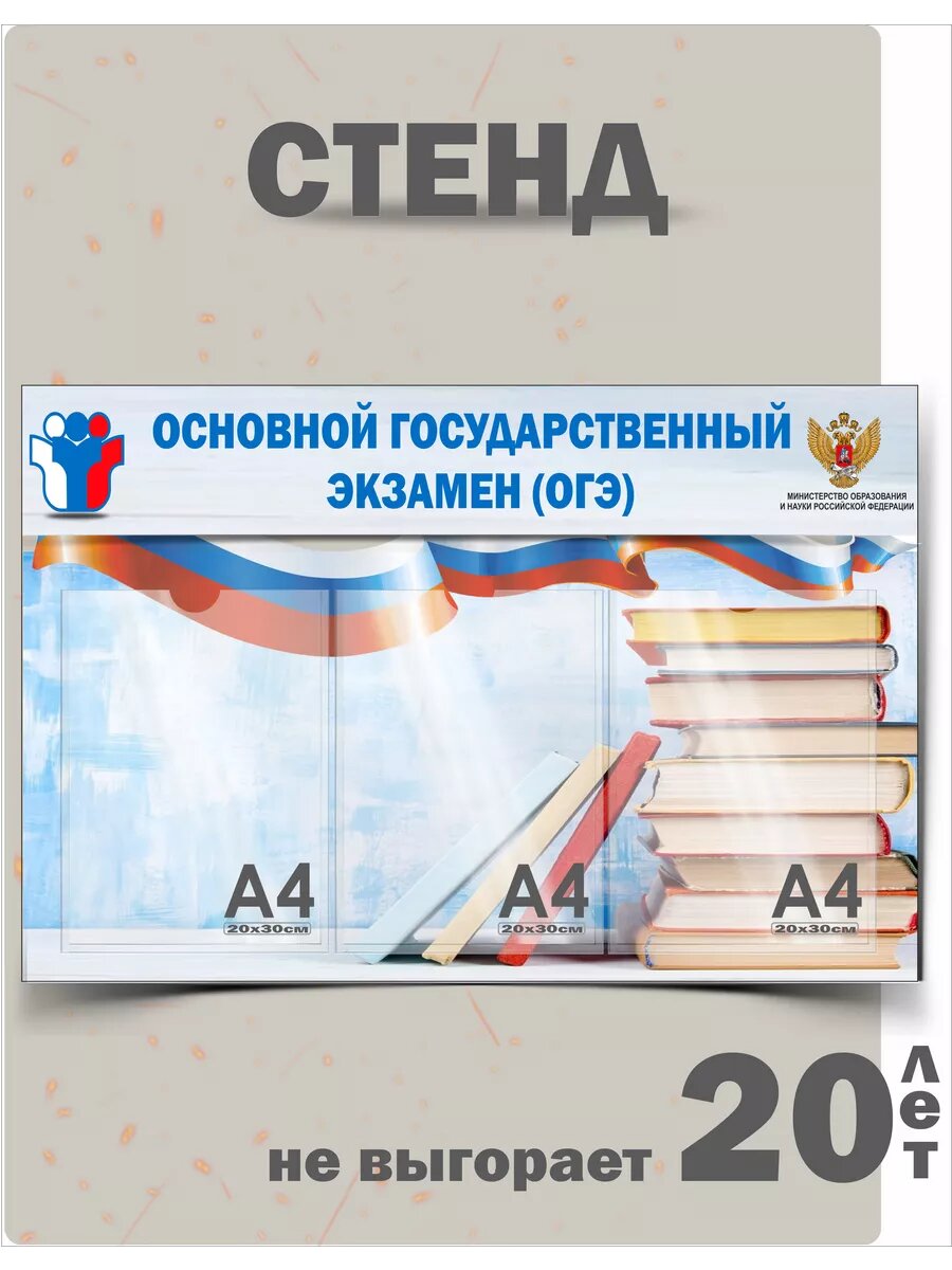 Стенд информационный для школы ОГЭ 2024 75х50 с карманами А4