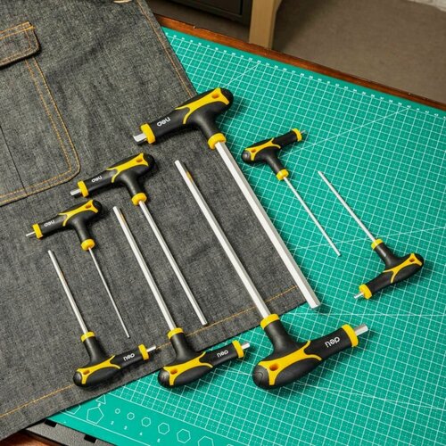 Изображение товара Набор из 8 шестигранных двусторонних ключей с Т-образной ручкой Deli DL233108 (от 2x75мм до 10x200мм, удобная рукоять, CR-V)