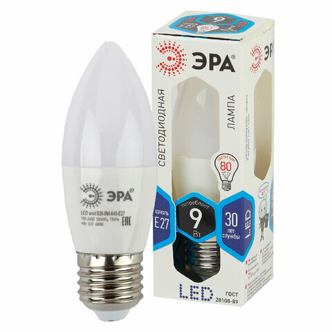 Лампа светодиодная ЭРА STD 9 (80) Вт цоколь E27 свеча нейтральный белый свет 35000 ч LED B35-9W-840-E27 Б0027972