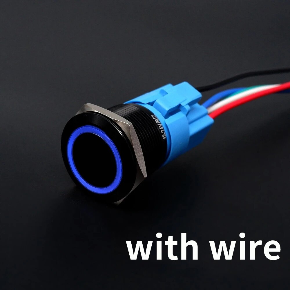 Черный металлический кнопочный переключатель PRONCH 16/19/22 мм, Ring Blue and wire, 19mm, Flat head Momentary, 12-24V