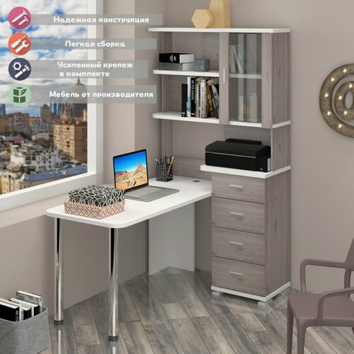 Изображение товара Стол компьютерный Мэрдэс СР-220/150 НБЕ Нельсон/Белый, угловой, с полками, с ящиками, 150х109.5х193 см