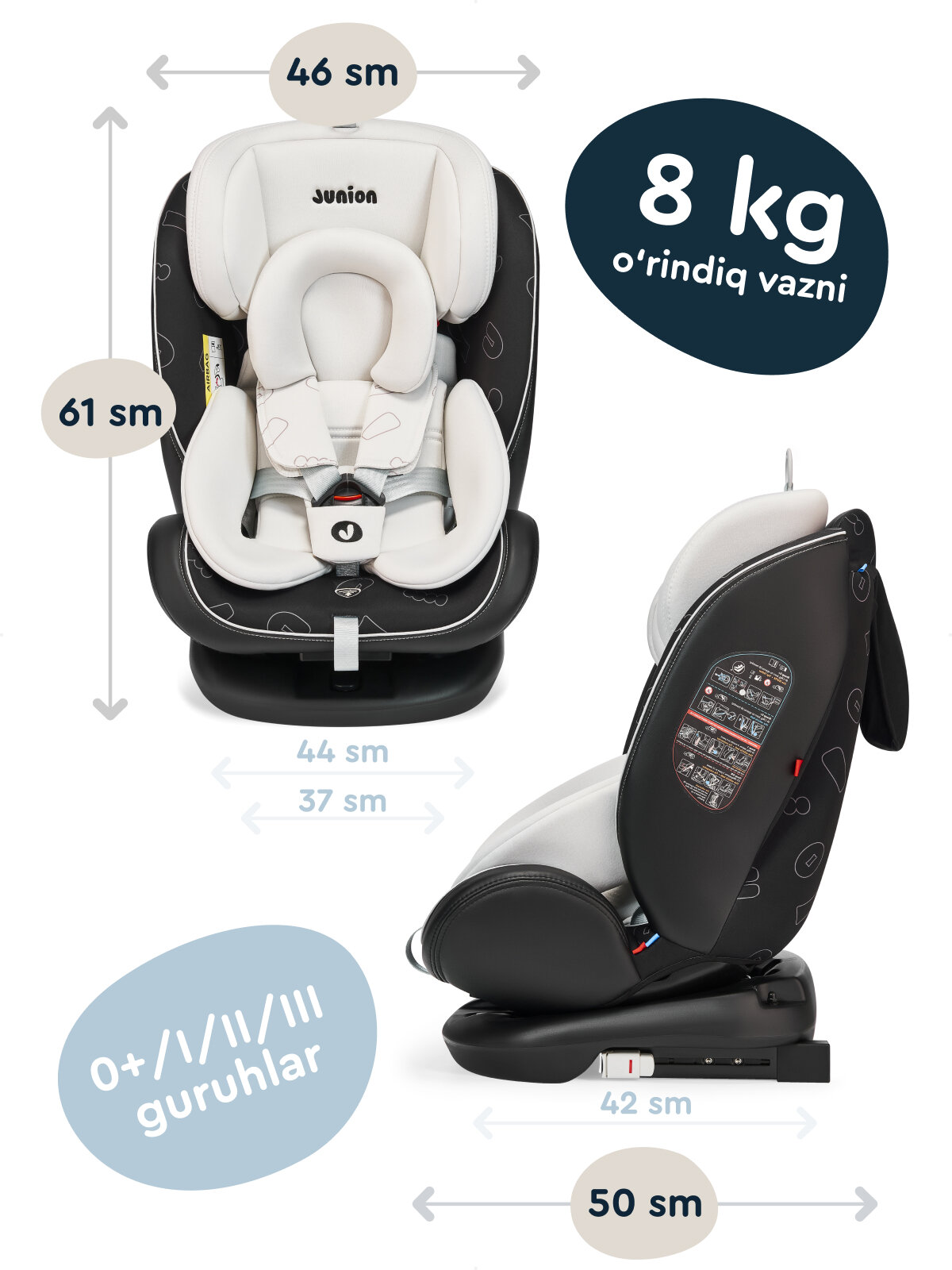 Автокресло JUNION Odri группа 0+/1/2/3 (0-36 кг), Isofix, чёрно-серый — фото 1