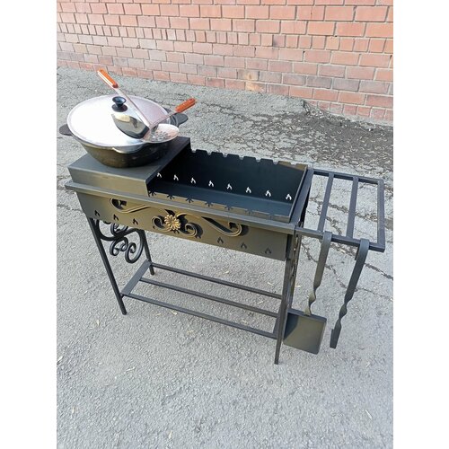 Гриль мангал усиленный 3мм с подказанником и 4л казаном чугунным. Полный комплект барбекю