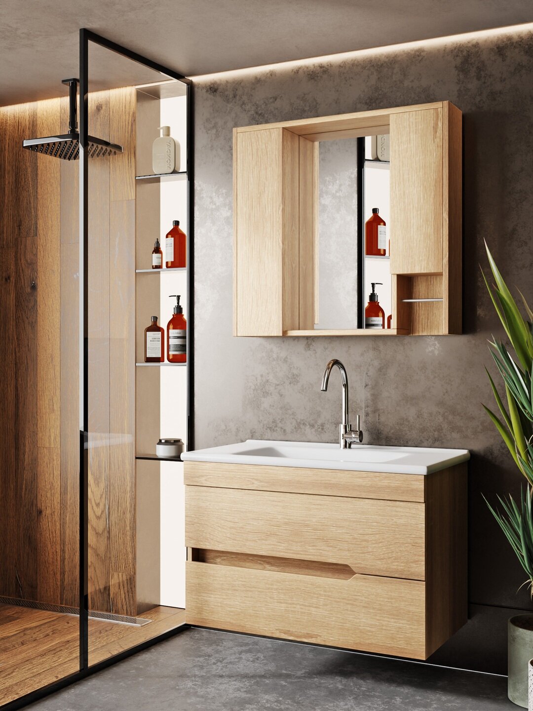 Комплект мебели для ванной комнаты Marmara, встроенная раковина с тумбой и зеркальным шкафчиком, в натуральном стиле