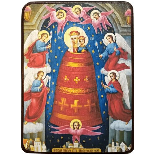 Икона Прибавление ума Божией Матери на синем фоне, размер 14 х 19 см