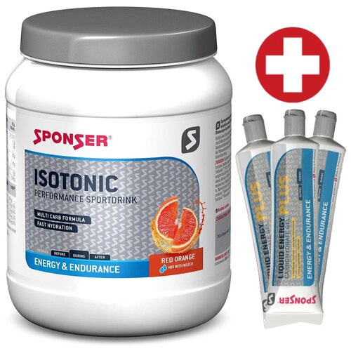 фото Изотоник sponser isotonic + 3 x liquid energy plus 70 г 1000 г + 3 геля, красный апельсин