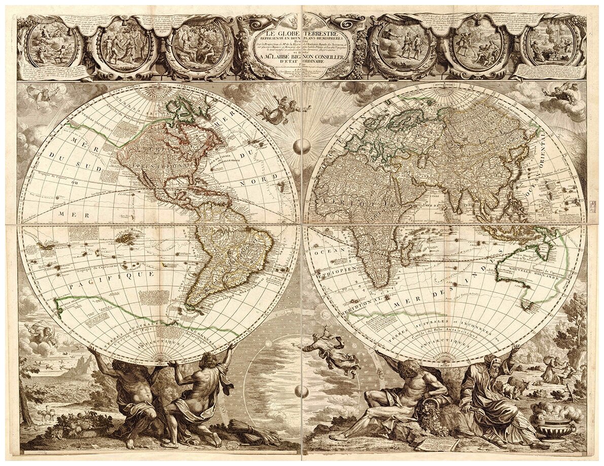 Флизелиновые фотообои Уютная стена "Карта мира. 1708 год" 350х270 см с текстурой Песок