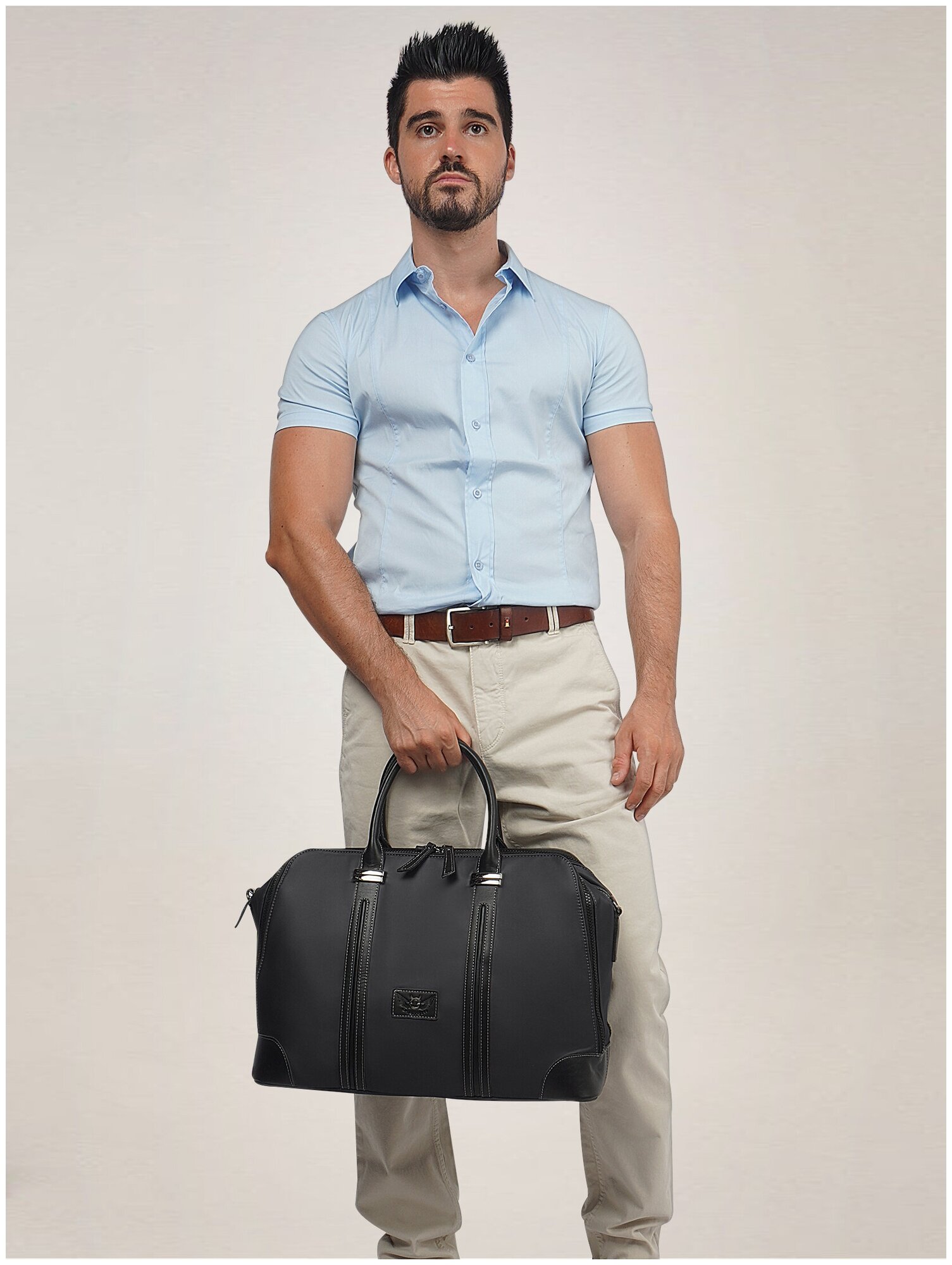 Надёжная мужская сумка со съемным ремнём, натуральная кожа 20%, высокопрочная ткань 80%, 2018958B - фотография № 2