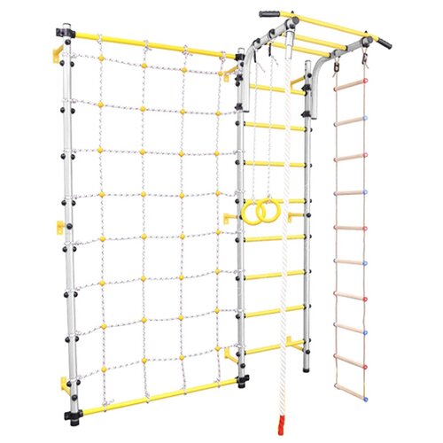 Детская шведская стенка с регулиремым турником и сеткой-лазалкой, цвет белый