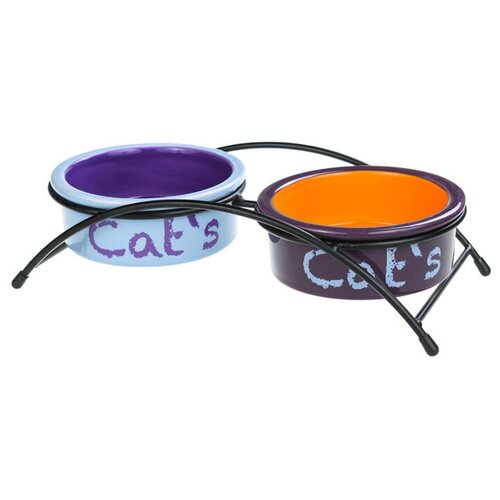 Миска для кошек двойная на подставке 2*300мл 12см синяя/оранжевая керамика