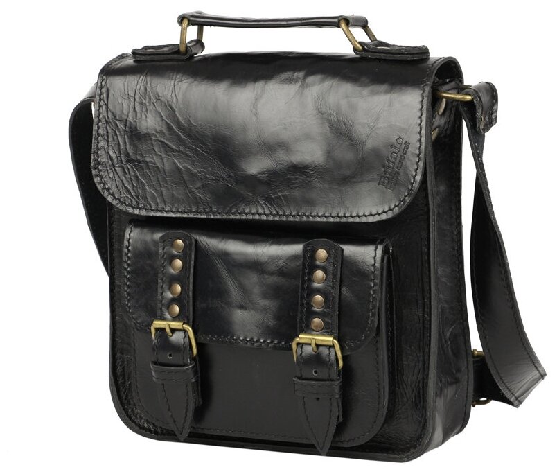Чёрная квадратная наплечная сумка из телячьей кожи масляного дубления Bufalo U-06B 