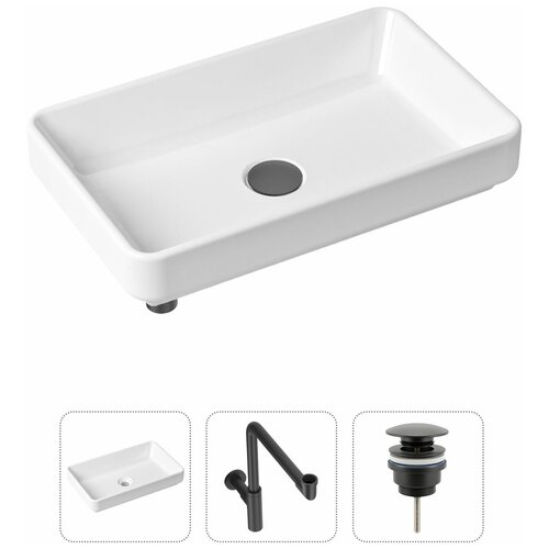 Накладная раковина в ванную Lavinia Boho Bathroom Sink Slim 21520156 в комплекте 3 в 1: умывальник белый, донный клапан и сифон в цвете матовый черный