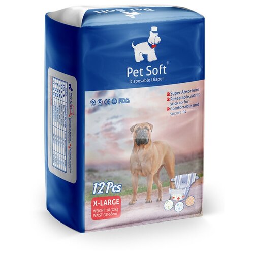 Подгузник для собак PET SOFT DIAPER , 3 цвета, размер XL (вес 18-32кг,талия 38-58см)12шт (124) (2 шт)