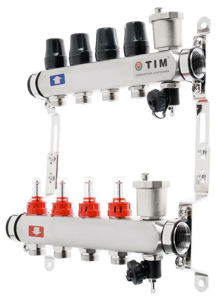 TIM Коллектор с расходомерами KCS5004 1" х 4 выходов из нерж. стали(без кранов) для теплого пола