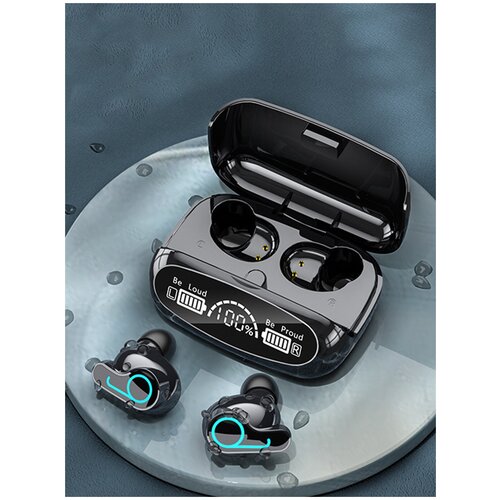Беспроводные наушники со встроенным повербанком / Сенсорные Bluetooth наушники / Черные