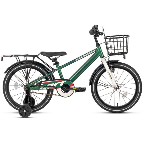 Велосипед детский HORH BART 18 2022 для детей от 4 до 6 лет алюминиевый с защитой цепи багажником корзиной звонком 1 скорость ободной и ножной тормоза темно-зеленый цвет на рост 115-130 1680700₽