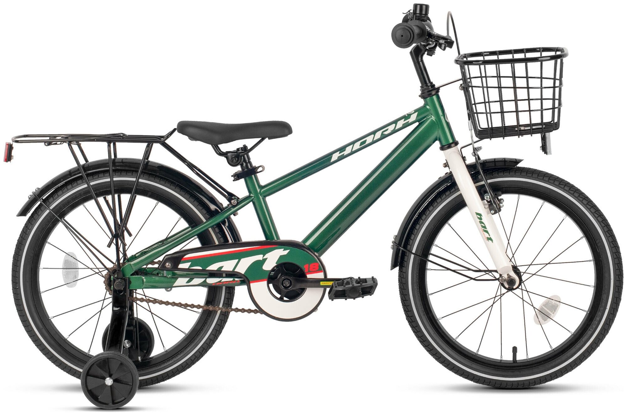 Велосипед детский HORH BART 18 2022 для детей от 4 до 6 лет алюминиевый с защитой цепи, багажником, корзиной, звонком, 1 скорость, ободной и ножной тормоза, темно-зеленый цвет на рост 115-130