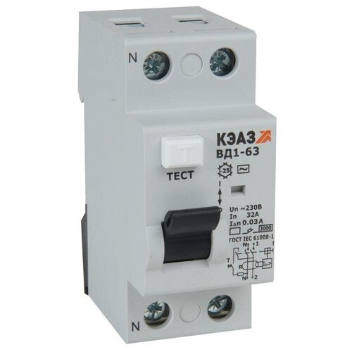 Выключатель дифференциального тока (УЗО) 2п 16А 30мА тип AC ВД1-63 2216 УХЛ4 | код.221902 | КЭАЗ (20шт. в упак.)