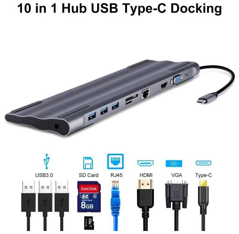 Хаб USB-концентратор 10 в 1 (PD+VGA+HDTV+ Ethernet+TF/SD+3xUSB3.0+Audio &Microphone) Multifunctional Type-C Gray