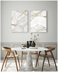 Набор из 2 интерьерных картин на холсте / 50х70 / Абстракция "Бело-золотой мрамор" / Модульная картина / в кухню / в спальню / в гостиную / на стену