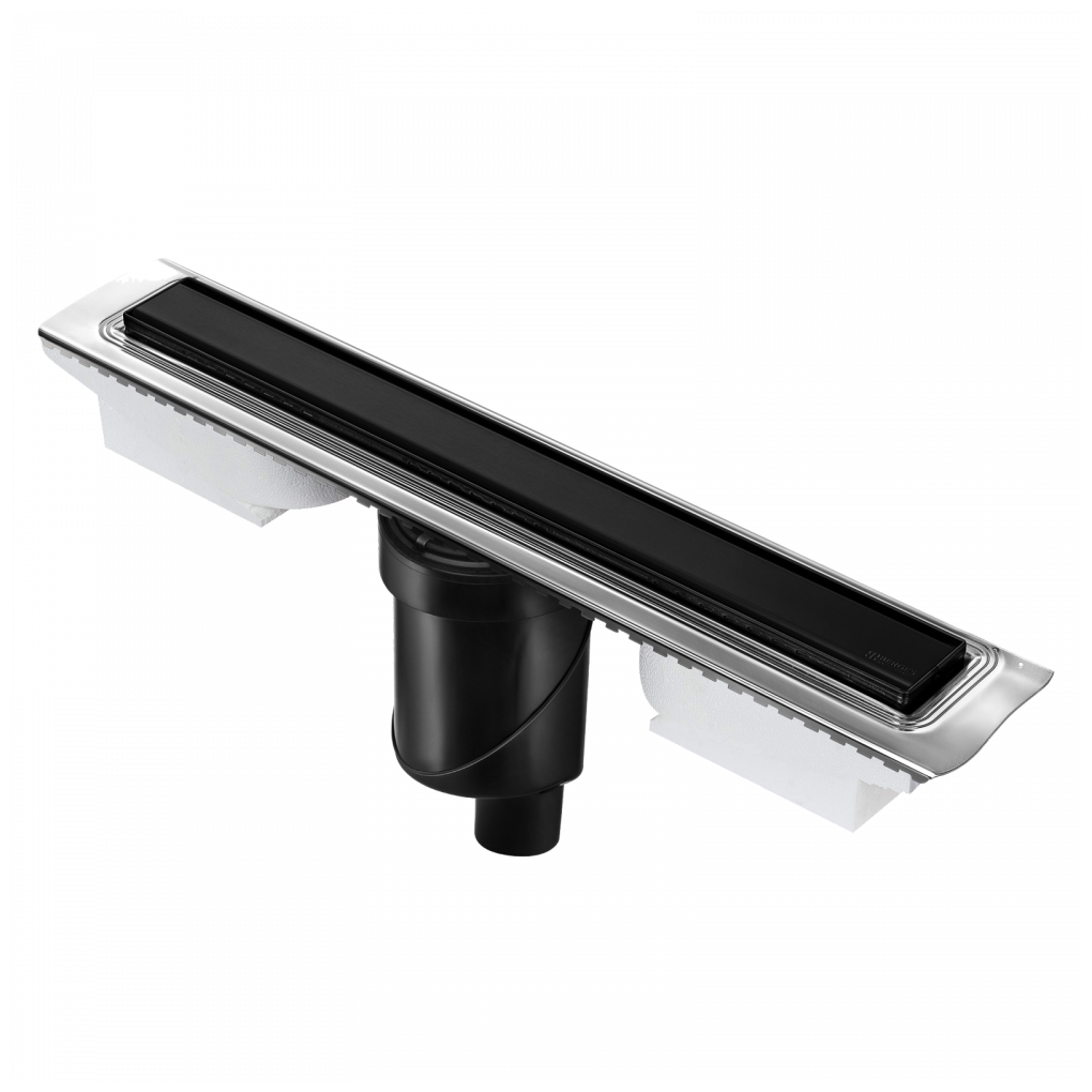 фото Желоб BERGES водосток напольный B1 Keramik 700 нержавеющая сталь, матовый черный, S-сифон D50/110 вертикальный