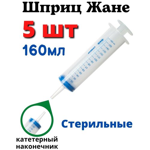 Шприц Жане стерильный 160 мл. с наконечником для катетеров. Шприц трехкомпонентный Жанэ для кормления с конусообразным концом. Набор 5 шт.