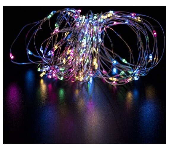 фото Электрогирлянда-нить уличная "Роса" 10 м, 100 LED, мультицветная, батарейки, контроллер, золотая сказка, 591294
