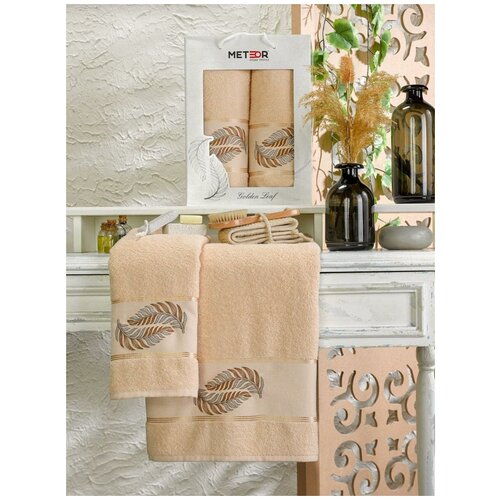 фото Набор полотенец "golden leaf" махра; арт: 11244- бежевый; размер: 50 х 90 (1 шт) + 70 х 140 (1 шт) meteor