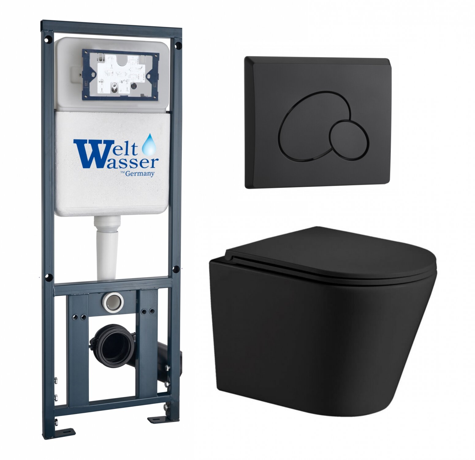 фото Комплект 3 в 1 инсталляция WeltWasser WW Marberg 410 10000005948 + Подвесной унитаз WeltWasser Salzbach 041 MT-BL + кнопка черная матовая RD 10000010991_