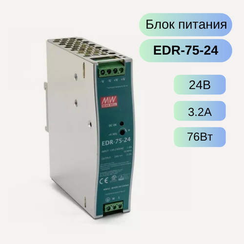 Изображение товара EDR-75-24 MEAN WELL Источник питания AC-DC, 24В, 3.2А, 76Вт