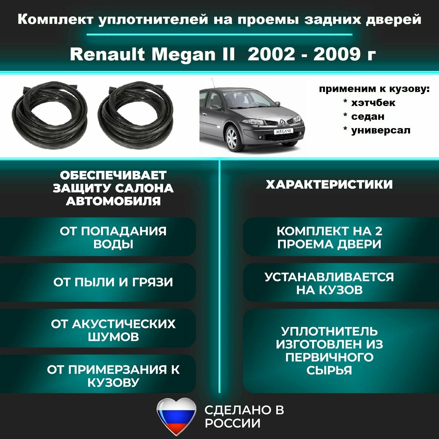 Комплект уплотнителей проема задних дверей Renault Megan II 2002-2009 г / на заднюю правую и левую пассажирскую дверь Рено Меган 2 - 2 штуки