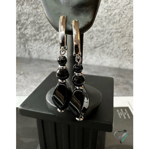 Серьги с подвесками RYKAMI серьги с черным агатом, агат, размер 50 мм, серебряный, черный