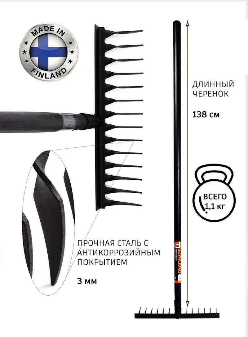 фото Грабли садовые 14 зубьев Ширина 39 см Длина с черенком 138 см FINLAND 1705