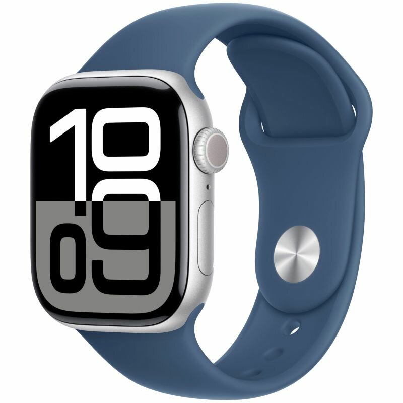 Apple Watch Series 10 42 мм алюминиевый корпус серебристый спортивный ремешок синий деним S/M