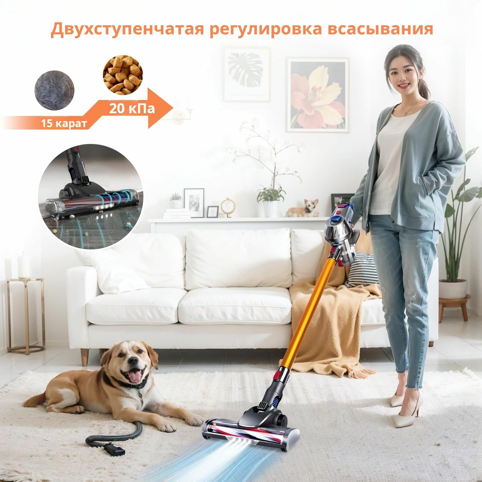Беспроводной пылесос с метлой, 4 в 1, вертикальный пылесос с электрической насадкой-щеткой и светодиодными фарами — фото 1