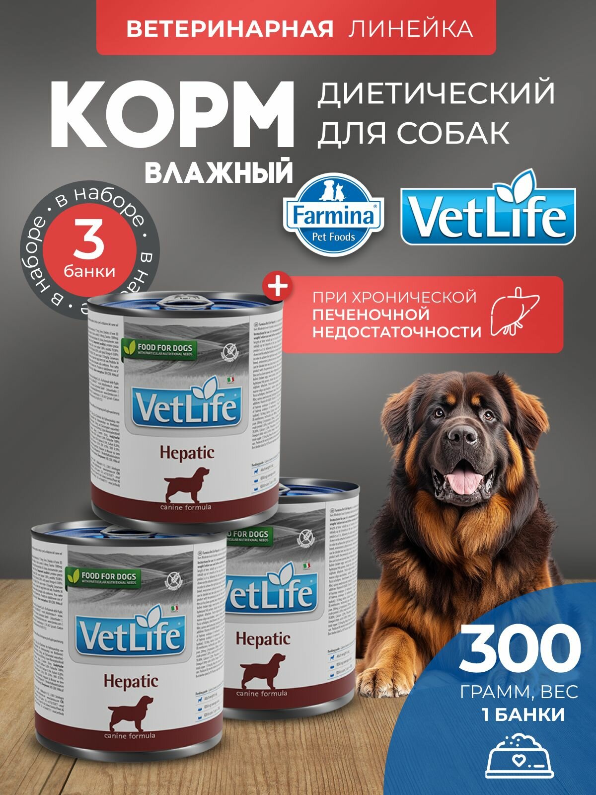 Комплект 3 шт. Вет Лайф для собак Гепатик 300 г