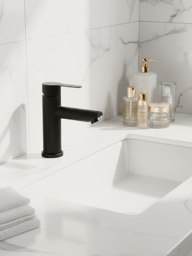 Изображение товара Смеситель для раковины одноручный JUGUNI , черный, литой излив, картридж 35 мм, гайка, Арт.0411.009