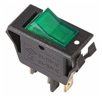 Выключатель клавишный Rexant ON-OFF зеленый с подсветкой (250В 15А (3с)) {36-2226} - фотография № 1