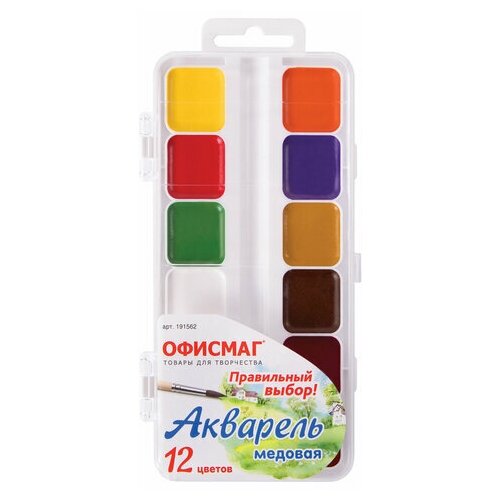 Краски акварельные медовые 12 цветов школьные Офисмаг, без кисти, пластиковая коробка (191562), 12 уп.