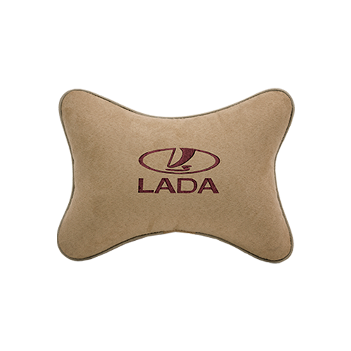 фото Подушка на подголовник алькантара beige (коричневая) с логотипом автомобиля lada vital technologies