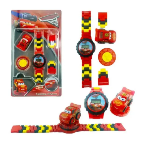 фото Детские наручные электронные часы , вращающийся циферблат , ремешок- конструктор машинки игрушки