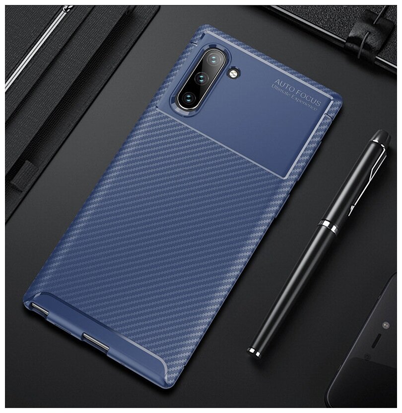 Чехол панель-бампер MyPads для Samsung Galaxy Note 10+ Plus из прочного силикона с матовой отделкой «под карбон» синяя